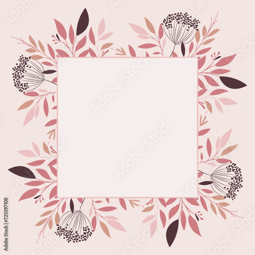 Szablon zaproszenia ślubnego. Elegancka kartka z dekoracją botaniczną w odcieniach różu, z ciemnym brązowym akcentem. Kwiatowy wzór z liśćmi i gałązkami.