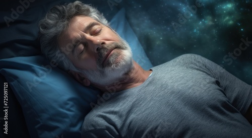 a man sleeping in bed with white powder on his beard