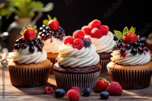 a group of cupcakes with berries on top