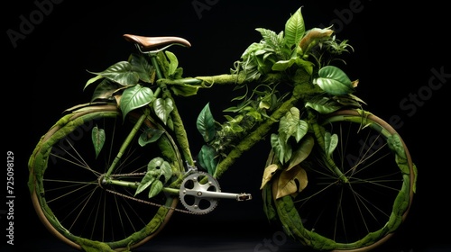 Bicycle overgrown with green plants. Neural network AI generated art photo