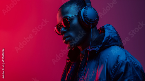 A Man Wearing Headphones and a Blue Jacket