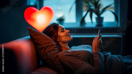 une femme allongée dans son canapé pense à son amoureux en utilisant son smartphone, coeur lumineux au dessus d'elle photo