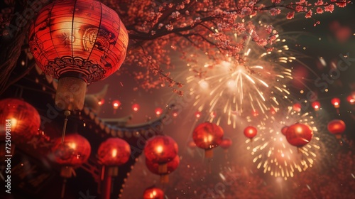 Chinese lanterns and cherry blossoms with fireworks in the background. © Petrova-Apostolova