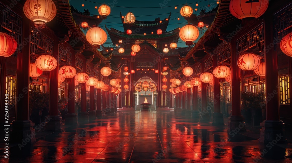 Chinese temple at night with red lanterns and reflection in the floor