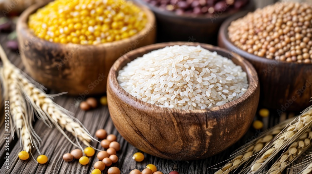 a wooden bowl filled with white rice next to other bowls filled with brown and yellow grains on a wooden table. a wooden bowl filled with white rice next to other bowls filled with brown and yellow grains on a wooden table.