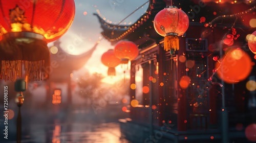 Chinese lanterns in the street at night. Chinese New Year concept.
