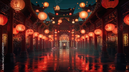 Chinese temple at night with red lanterns and reflection in the floor