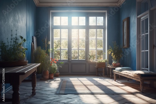 Renovation of a rustic blue country living room in the form of a cottage, with large period windows, grass, blue flowers, and a flood of sunlight photo