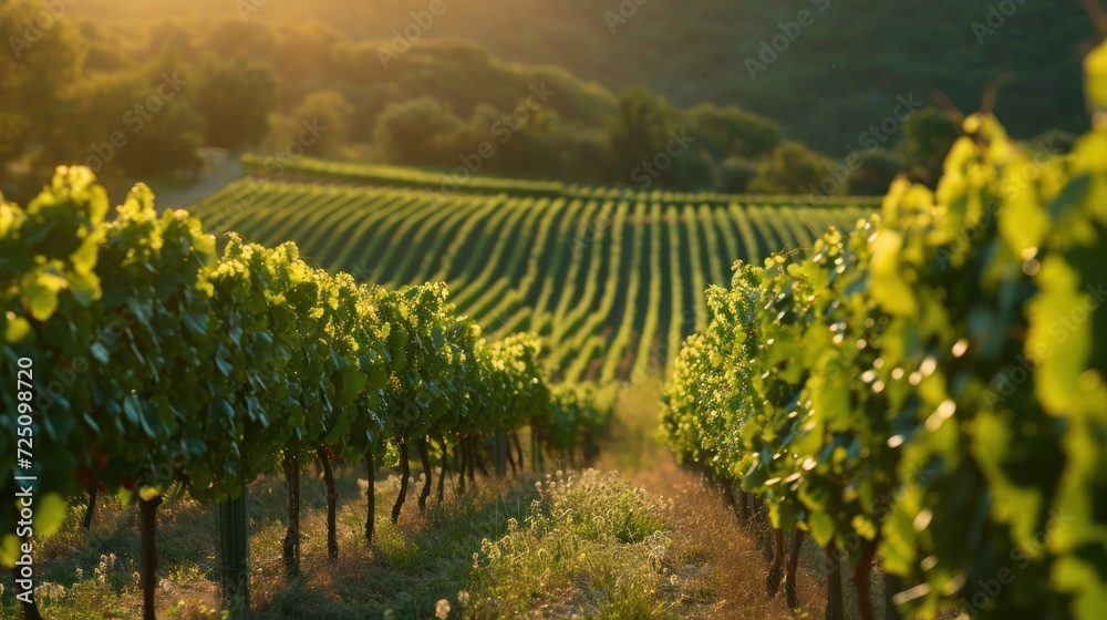  a vineyard with rows of green vines in the foreground and the sun shining through the trees in the background.