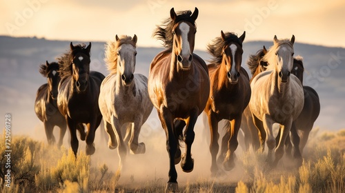 Horses free run on desert storm against sunset sky. Neural network AI generated art