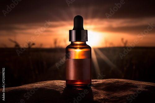 Amber Dropper Bottle Silhouetted by Sunset.