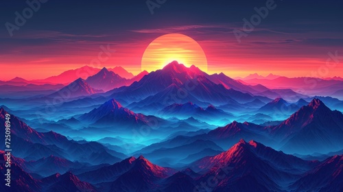  a sunset view of a mountain range with the sun rising over the top of the mountain range in the distance. © Anna