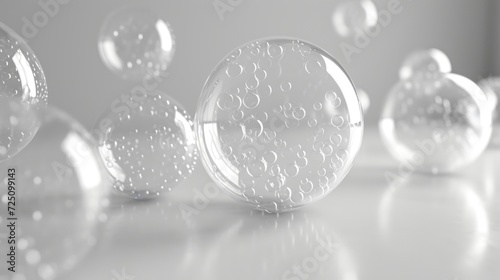  a group of bubbles sitting on top of a white table next to a glass vase with water droplets on it.