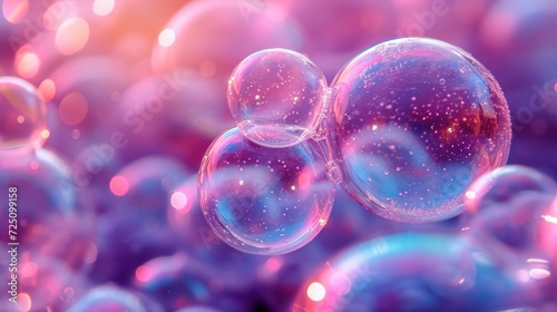  a bunch of soap bubbles floating on top of a blue and pink background with a lot of bubbles floating on top of each other.