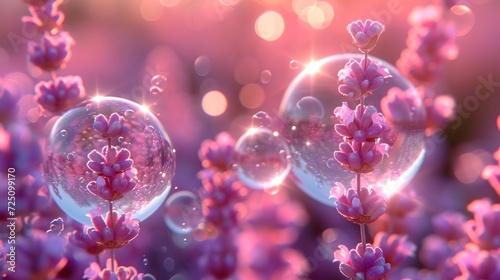  a bunch of bubbles floating on top of a field of purple flowers in front of a pink and blue sky.