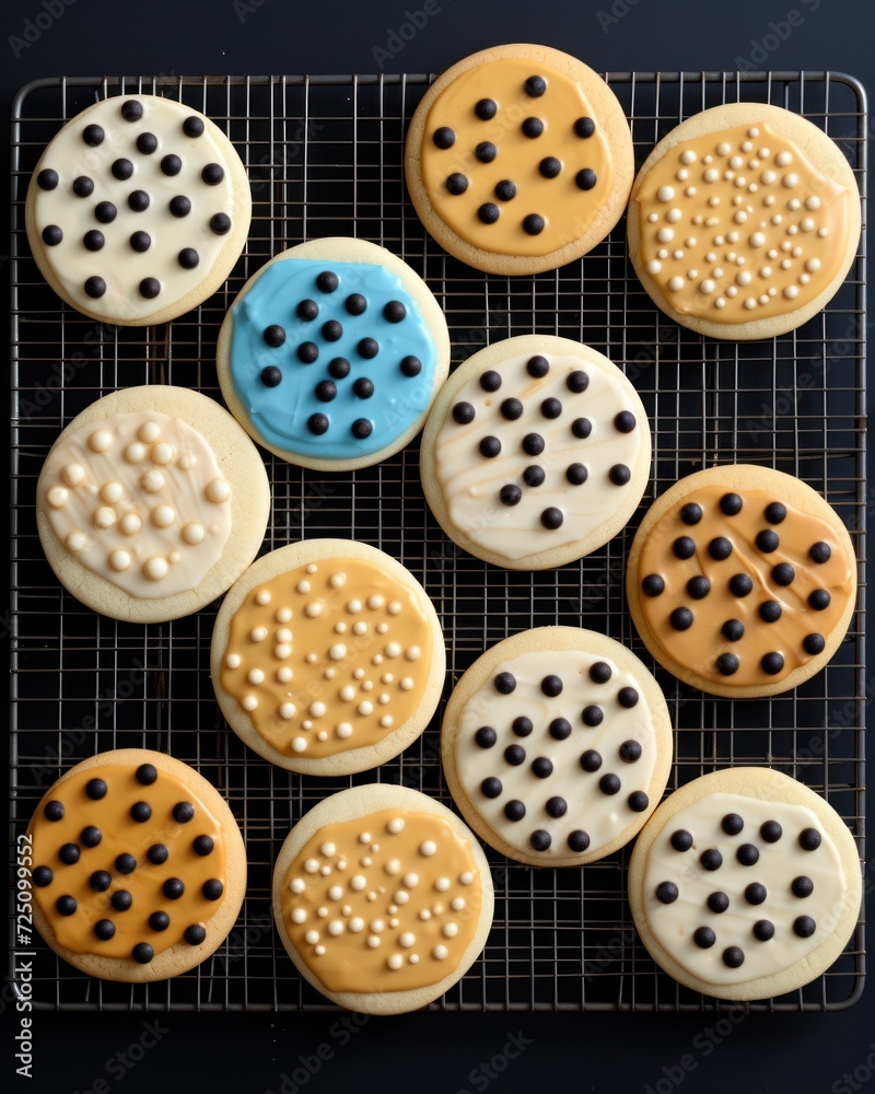  a cooling rack that has a bunch of cookies on it with holes in the middle of each of the cookies.