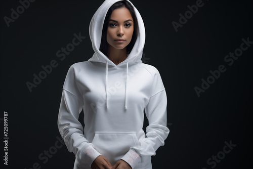 Photo woman in white cotton sweatshirt with area for your logo white
