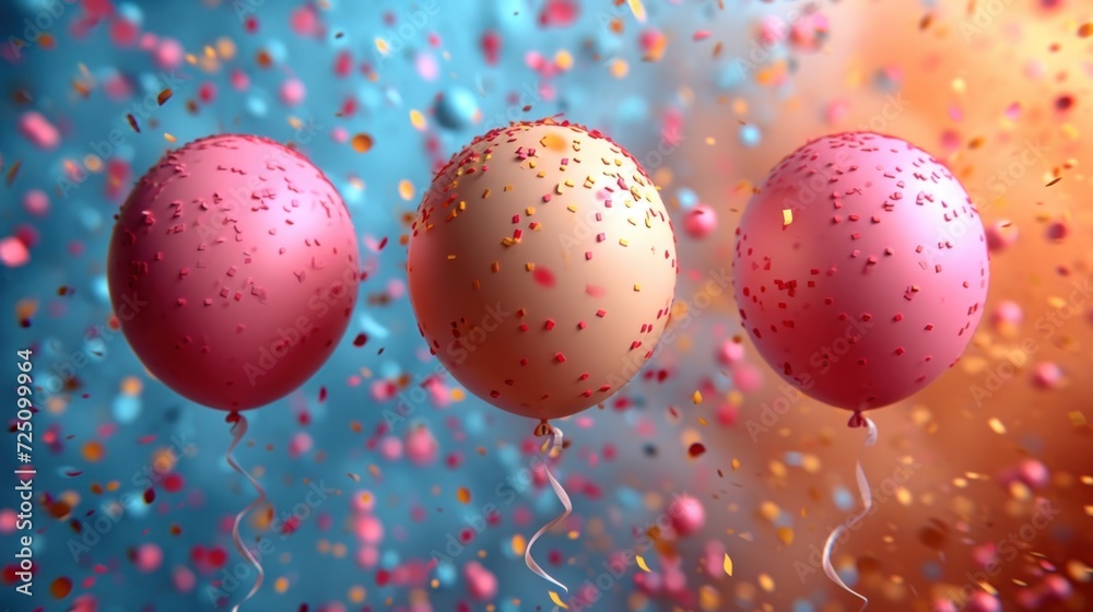three balloons floating in the air with confetti sprinkles all around them on a blue and pink background. three balloons floating in the air with confetti sprinkles all around them on a blue and pink background.