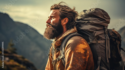 side view portrait of a tramp tourist male loner shaggy with a beard and a backpack in a warm jacket with extreme equipment. adventure man explorer on the mountain in bad weather in autumn. journey