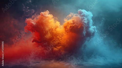  a multicolored cloud of smoke on a dark blue and red background with a dark sky in the background.