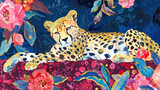  a painting of a cheetah laying on a pink and blue flowered cloth with leaves and flowers around it.