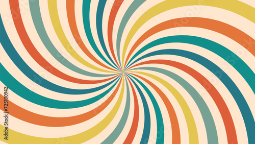 Multicolor retro ray background in 70s style. Psychedelic twisted ray pattern.