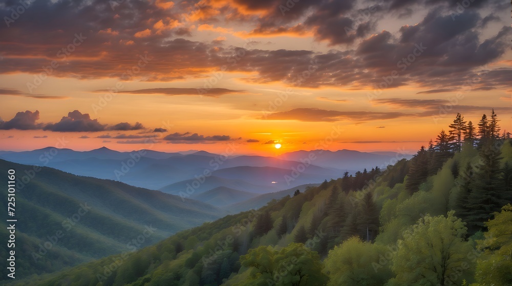 Beautiful sunset in the mountains landscape with green forest and blue sky, sunset, green, forest, sky, nature, blue, landscape, mountain, beautiful, summer, travel, tree, view, outdoor, beauty, grass