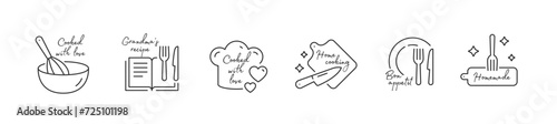 Homemade cook, home cooking, cooked with love. Hand drawn kitchen phrases. Set of icons for bakery shop, home cooking. Homemade Grandma recipe, Bon appetit, Chef cook. Vector