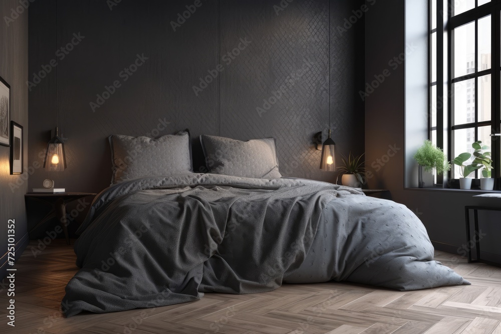 A double bed, a bedside table, and a wooden floor can be found in a dark gray Scandinavian style bedroom area. a mockup