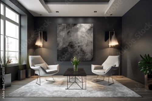 extensive lounge area. a living area with an art worthy gray wall. Two accent white armchairs and a coffee table in gray. For the inside of a home or workplace, use minimalism