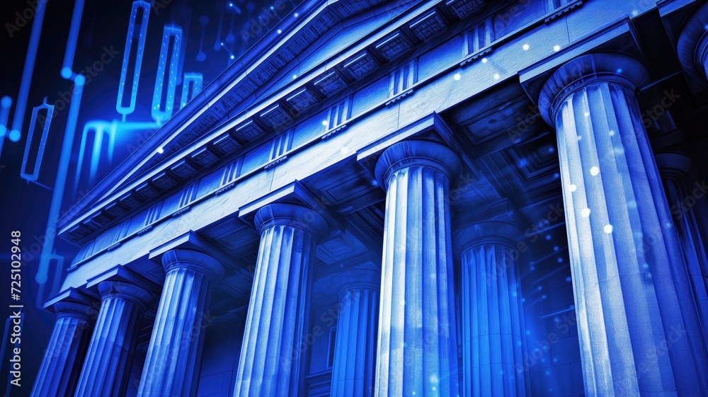 Obraz premium Imposing pillars with a futuristic blue technology overlay