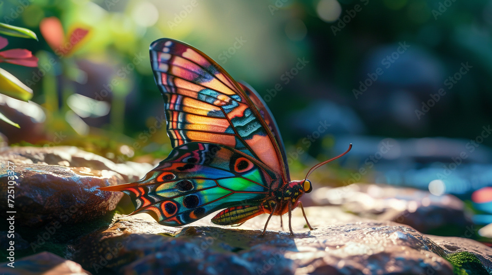 Naklejka premium Magical Garden: A Colorful Butterfly with Stunning Fairy Wings Sitting Amongst the Flowers