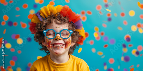  Children's carnival birthday. Joyous child in colorful carnival attire celebrating with confetti and balloons on a bright blue background photo