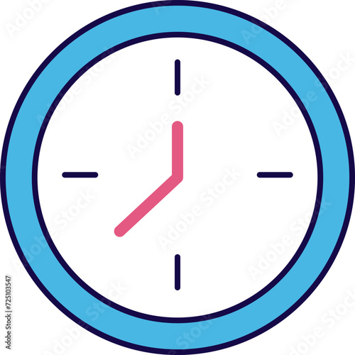 Minimalistic blue and pink clock showing ten past ten. Simple wall clock design with no numbers. Time management concept vector illustration.
