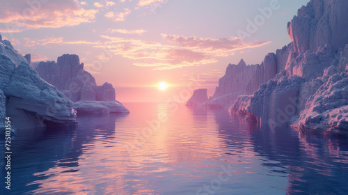 A stunning 3D rendered futuristic landscape featuring dramatic cliffs and shimmering water © Tharshan