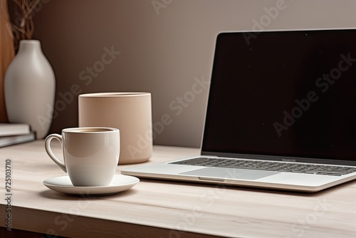 minimalistic mock up with cup of coffee and laptop on desk in a kitchen, soft and airy space