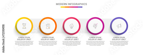 Modern infographics vector template. Cyclic infographic with five circles. Timeline design template with 5 options, steps, and parts. Flat illustration for business. photo