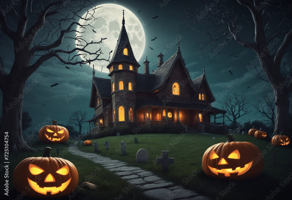 Fototapeta premium Haunted House, Pumpkins, Full Moon
