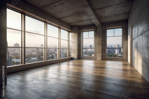 Interior of a mysterious  vacant room with three narrow liniar windows providing a city view  concrete walls  and a wooden floor