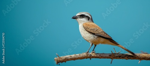 The shrike, also known as the northern shrike or Iberian grey shrike, perches on a branch against a blue backdrop. photo