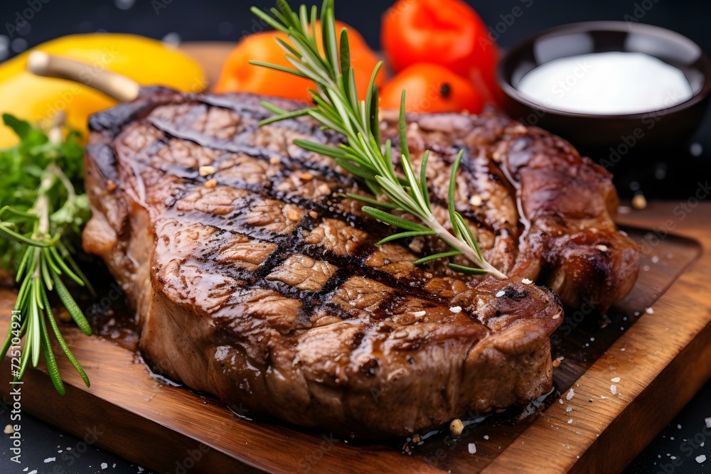 Grilled beef steak on a cutting board with herbs and spices. Meat dish on a dark background.
