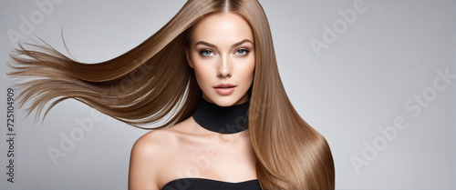 Stunning model with luxurious hair extensions. AI technology. photo