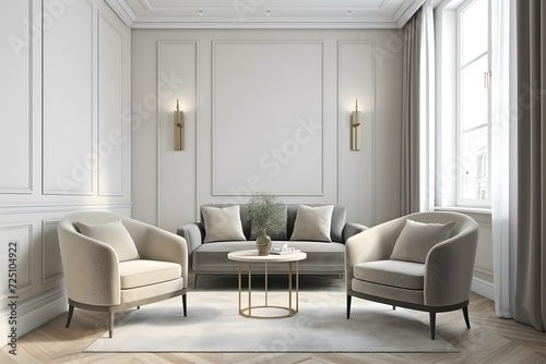 Scandinavian living room interior in light colors with two armchairs  gray sofa  pillows  coffee table  dired flowers in vase  mock up poster. House apartment design in a minimalist style