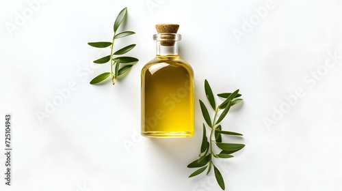 Olive oil bottle and olive branch isolated on white background, top view. photo