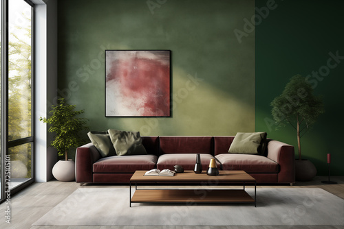 Bordo sofa against wall, modern living room, big window, minimalist apartment, green and bordo interior design photo