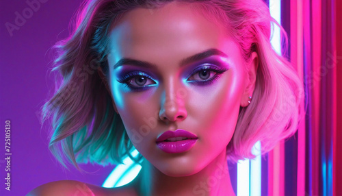 Exquisite lady with relaxed demeanor in vivid neon lights - Artistic creation