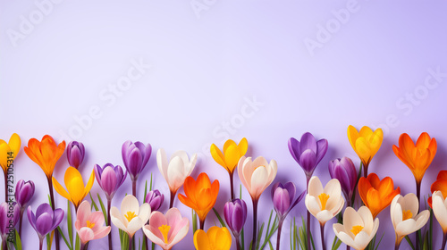 Kwiatowe minimalistyczne tło z krokusami na życzenia z okazji Dnia Kobiet, Dnia Matki, Dnia Babci, Urodzin czy pierwszego dnia wiosny. Szablon na baner lub mockup. 