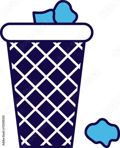 Blue trash bin with crumpled paper ball vector illustration. Waste disposal concept, office garbage bin.