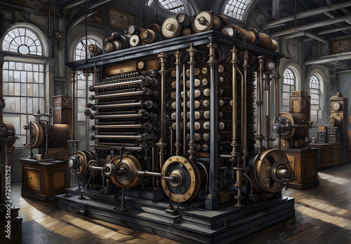 fantasy illustration of a 19th century difference engine type mechanical steampunk computer photo