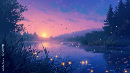 Beautiful anime-style illustration of glowing fireflies over a lake at golden hour photo